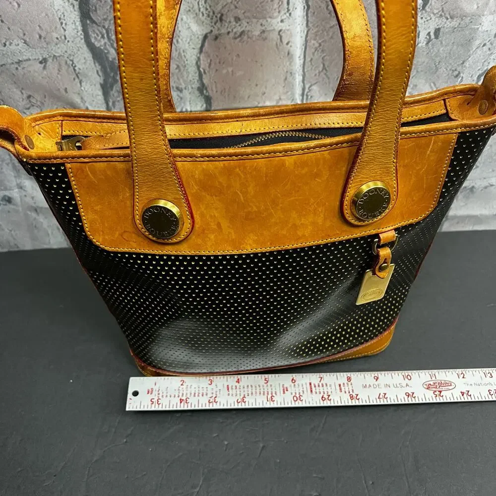 Vintage Dooney & Bourke Bag Vintage Cabrio Perforated Leather Black Tan Tote M - Picture 8 of 16